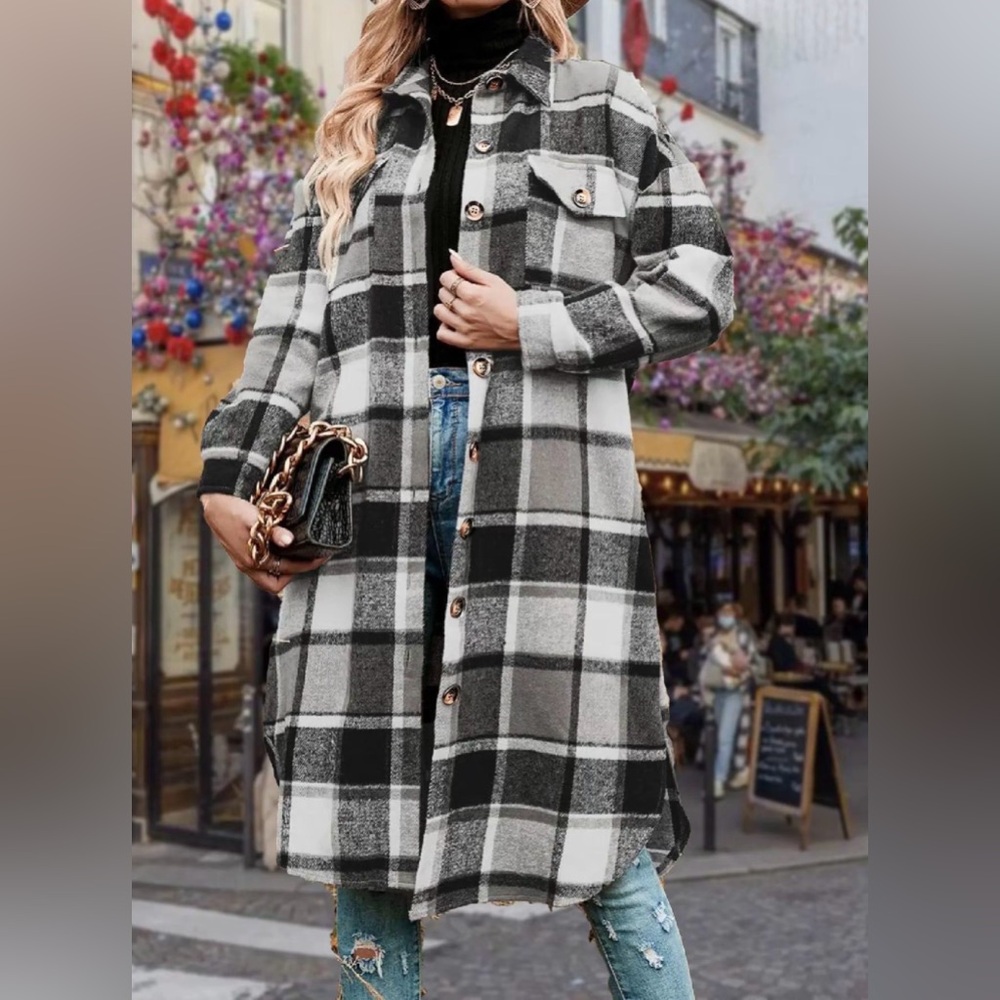 Black and White Plaid Longline Shacket Drop Shoulder Coat, Casual New Boutique - Picture 2 of 5